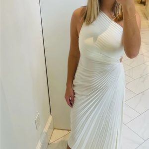 ALC Delfina asymmetric one-shoulder cutout plissé-satin midi dress